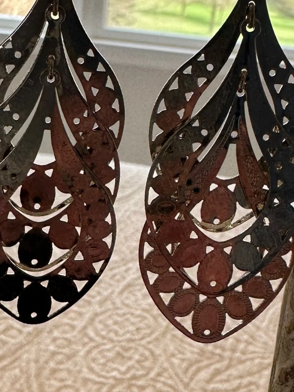 Intricate Filigree Teardrop Earrings - Antiqued Silver Tone - Picture 3 of 4